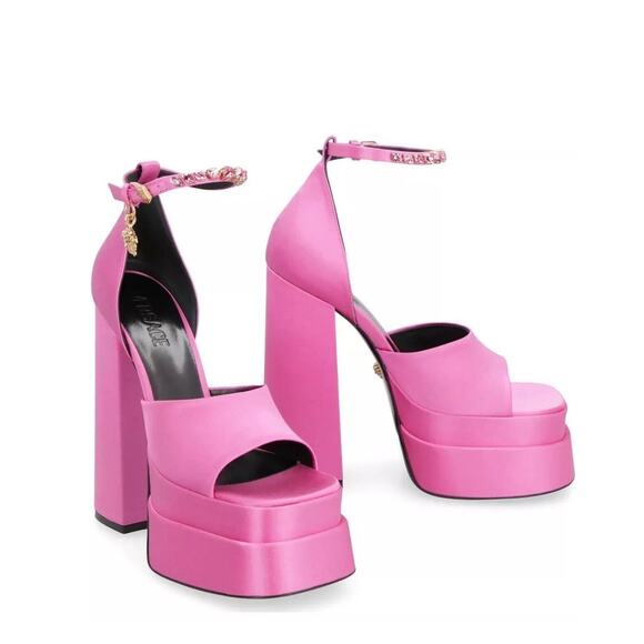 Versace Aevitas 37/ 7 Platform Sandals Satin Crystal Pink Paradise NWB $1,475 - Picture 1 of 8